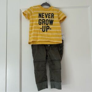 Carter’s Yellow Striped “Never Grow Up” Tee + Cat & Jack Olive Jogger Pants Set